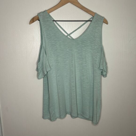 Maurices Sage Green Cold Shoulder Top V-Neck Strappy Back Casual Blouse M | A50 - Picture 1 of 6